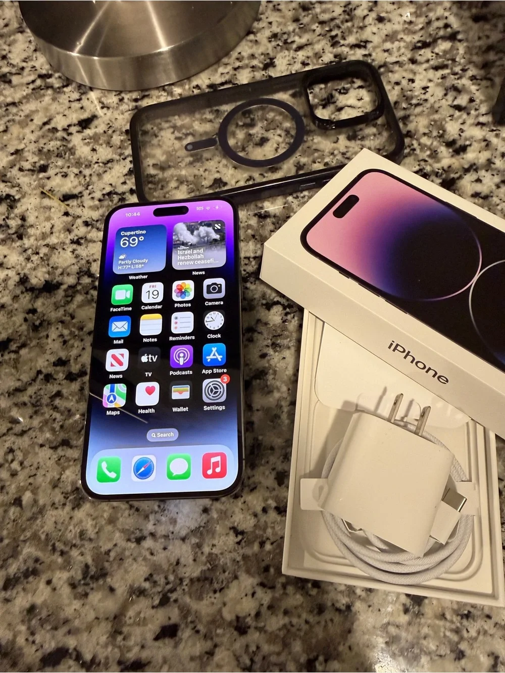 Apple iPhone Purple with Clear Case and White Charging Kit